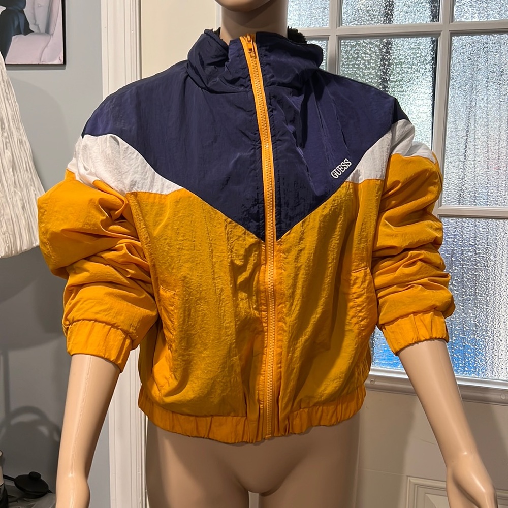 GUESS MUSTARD YELLOW BLUE PUFFER BOMBER SHORT JACKET